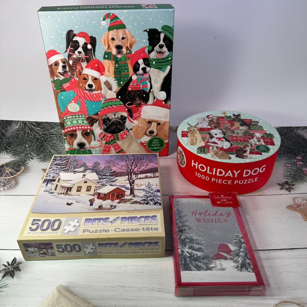 Christmas Dogs Puzzle Bundle Lot Holiday 3 Puzzles Christmas Cards